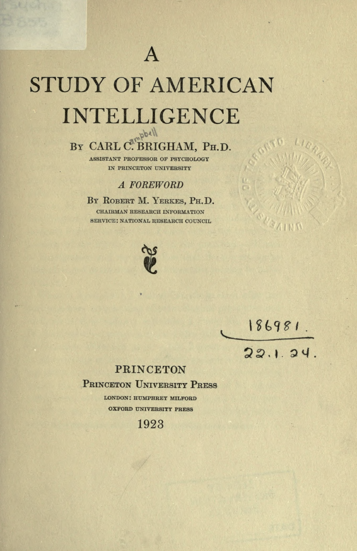 Carl C. Brigham, A Study of American Intelligence, title page, Princeton University Press, 1923. Robarts Library scan, Internet Archive.
