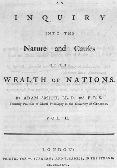 Adam Smith, An Inquiry into the Nature and Causes of the Wealth of Nations, volume II title page, London, 1776.